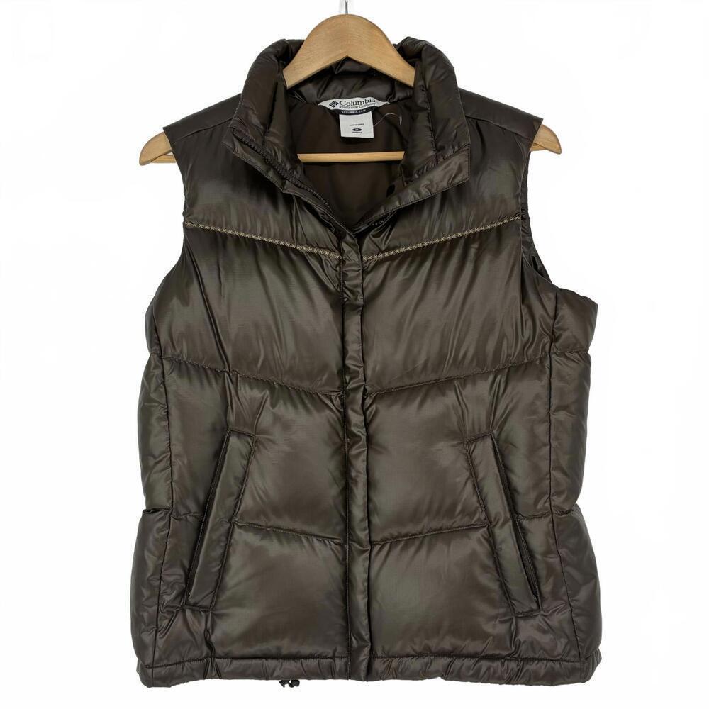 COLUMBIA Espresso Brown Shiny Down Puffy Vest Streetwear Cozy Warm Wms sz M